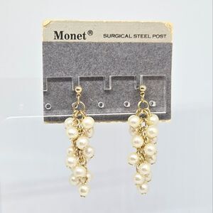 Vintage Monet Faux Pearl Cluster Pierced Surgical Steel Post Earrings VTG NEW